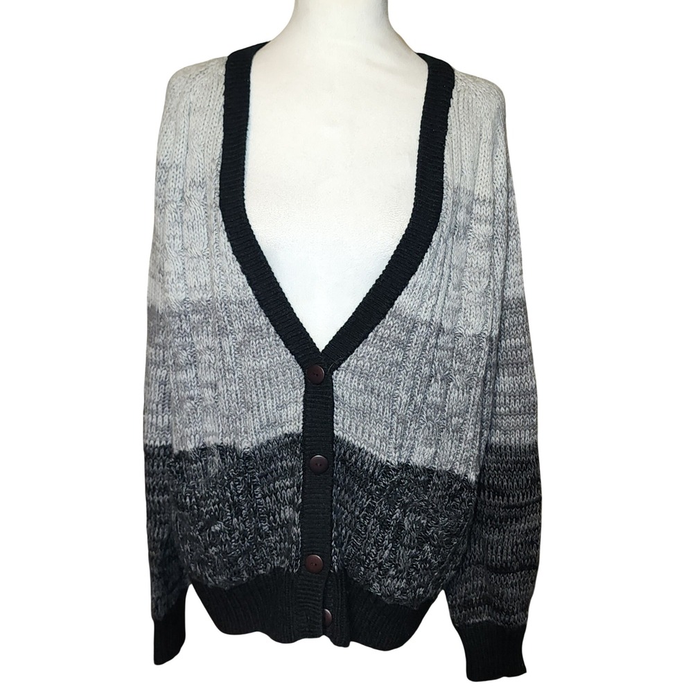 VTG Barnaby Ombre Stripe Knit Cardigan Sweater Button Front Black Grey White L